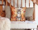 Scottish Fold Cat in Fall Leaves Throw Pillow Machine Washable, Indoor Outdoor Decorative Pillow for Couch, Bed or Patio, 14Hx14W