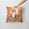 American Polydactyl Cat in Fall Leaves Throw Pillow Machine Washable, Indoor Outdoor Decorative Pillow for Couch, Bed or Patio, 18Hx18W