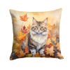 Kurilian Bobtail Cat in Fall Leaves Throw Pillow Machine Washable, Indoor Outdoor Decorative Pillow for Couch, Bed or Patio, 18Hx18W