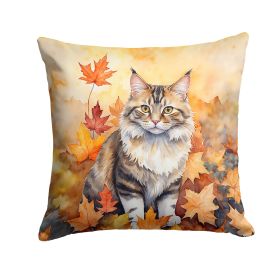 Kurilian Bobtail Cat in Fall Leaves Throw Pillow Machine Washable, Indoor Outdoor Decorative Pillow for Couch, Bed or Patio, 18Hx18W