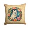 Japanese Spitz and Flowers Throw Pillow Machine Washable, Indoor Outdoor Decorative Pillow for Couch, Bed or Patio, 14Hx14W