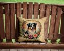 Australian Shepherd and Flowers Throw Pillow Machine Washable, Indoor Outdoor Decorative Pillow for Couch, Bed or Patio, 14Hx14W