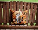 American Polydactyl Cat in Fall Leaves Throw Pillow Machine Washable, Indoor Outdoor Decorative Pillow for Couch, Bed or Patio, 14Hx14W