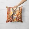Abyssinian Cat in Fall Leaves Throw Pillow Machine Washable, Indoor Outdoor Decorative Pillow for Couch, Bed or Patio, 18Hx18W
