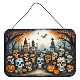 NEW Calaveras Sugar Skulls Spooky Halloween Wall or Door Hanging Prints Aluminum Metal Sign Kitchen Wall Bar Bathroom Plaque Home Decor, 8HX12W (Default: Default)
